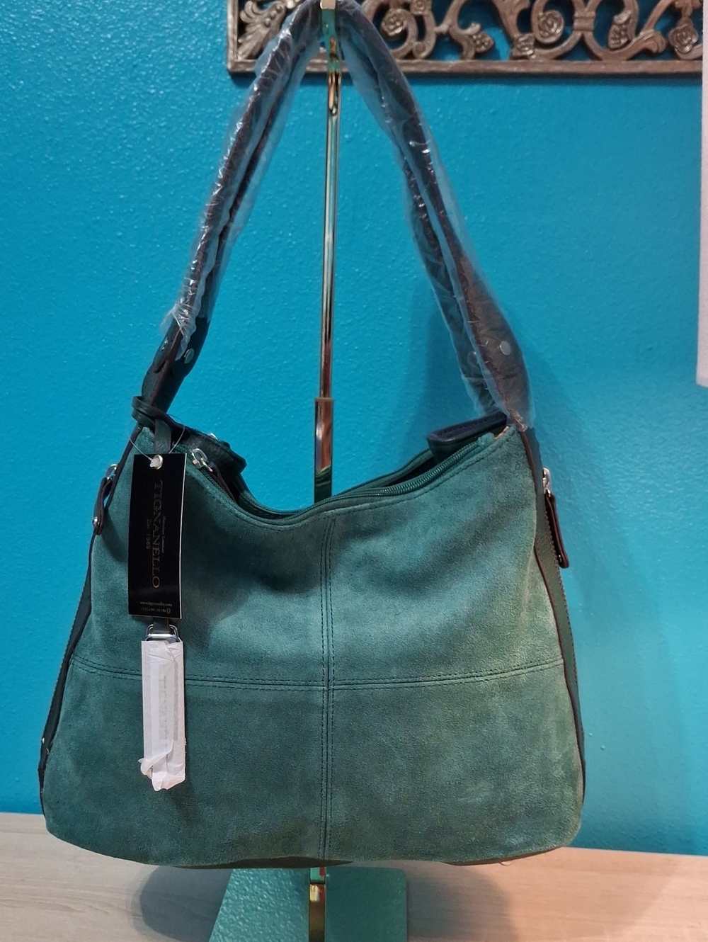 Tignanello Teal Green And Navy Suede Expandanble Shoulder Bag Nwt